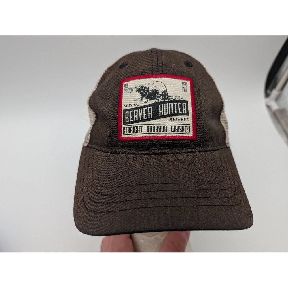 Beaver Hunter Straight Bourbon Whiskey Trucker Hat Brown Tan Mesh Snapback Cap